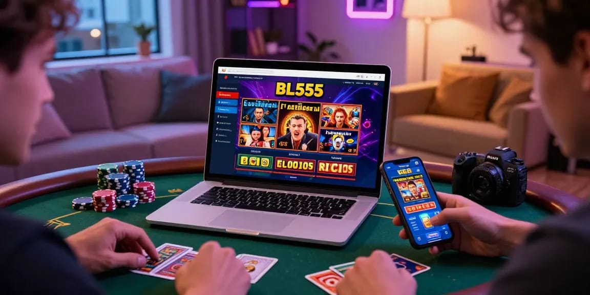 Exciting scene of enthusiastic gamers engaging with BL555 online betting platform in a vibrant setting.