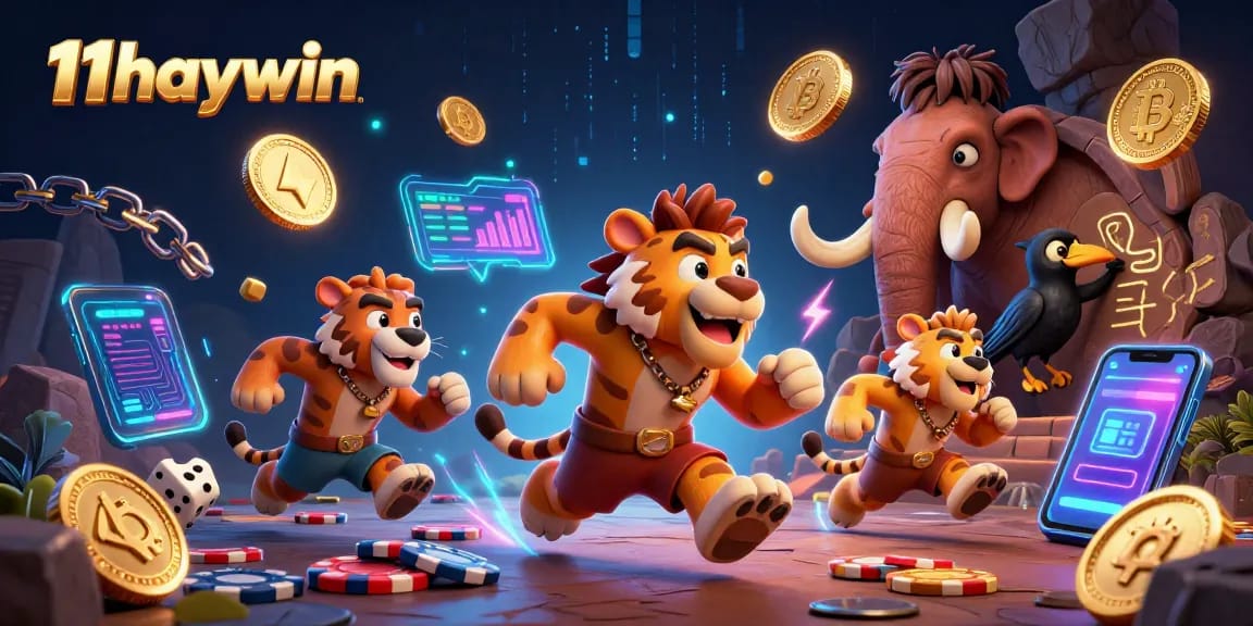 Experience the thrilling atmosphere of 11haywin with cartoon characters in a vibrant prehistoric casino scene.