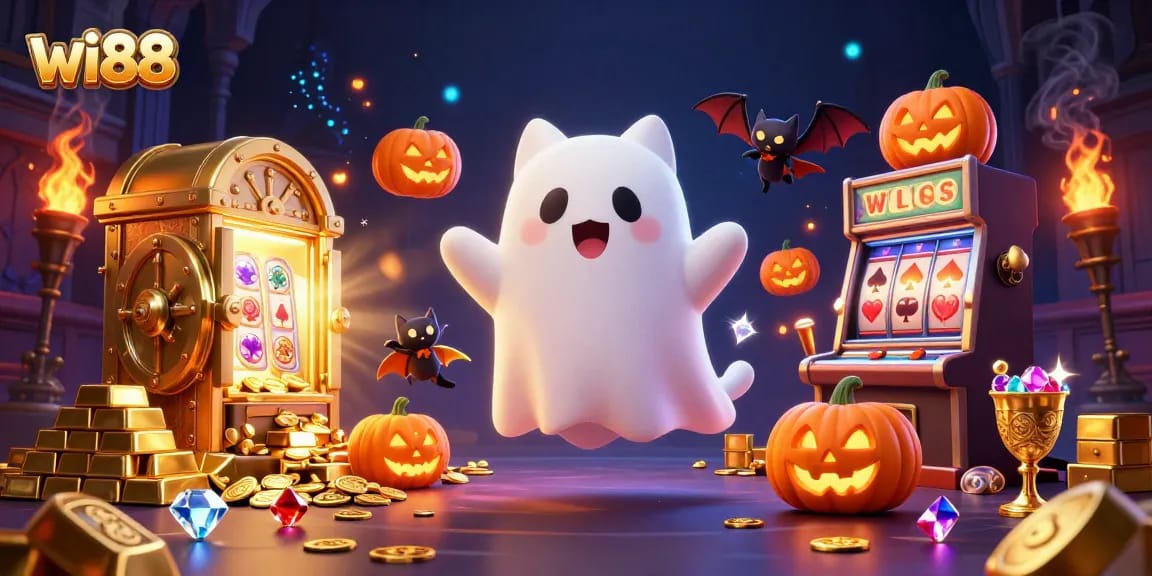 Win big at wi88 with friendly ghost cat and gambling treasures illuminating the haunted scene.