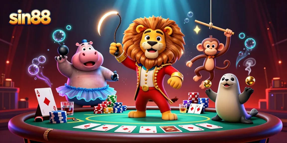 sin88 showcases a vibrant poker scene with colorful characters and rich casino elements.