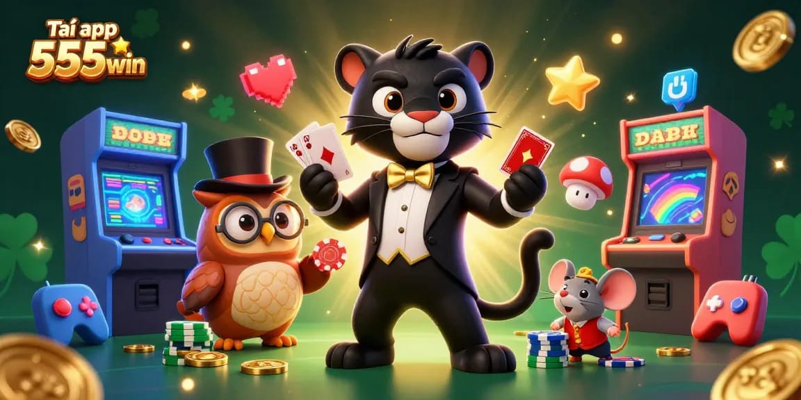 Win big with Tải app 555win, vibrant scene featuring a panther dealer, owl, and lucky mouse.