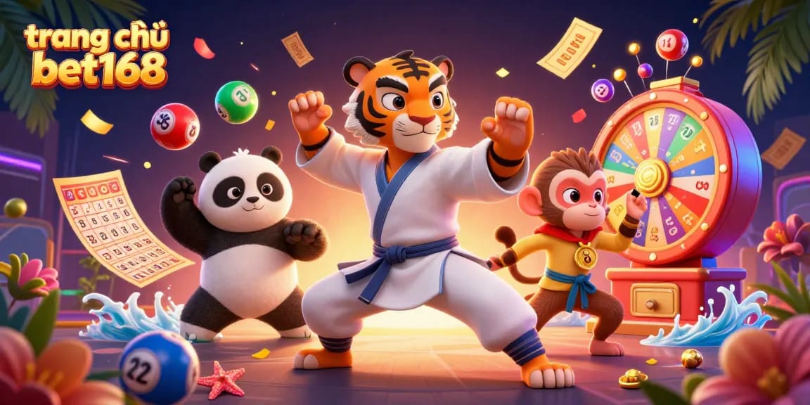 Experience the thrills on trang chủ bet168 with a dynamic 3D casino scene featuring a kung fu tiger and a panda.