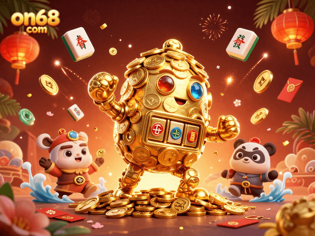 Engage in thrilling gameplay at on68 com featuring a golden golem and vibrant casino elements.