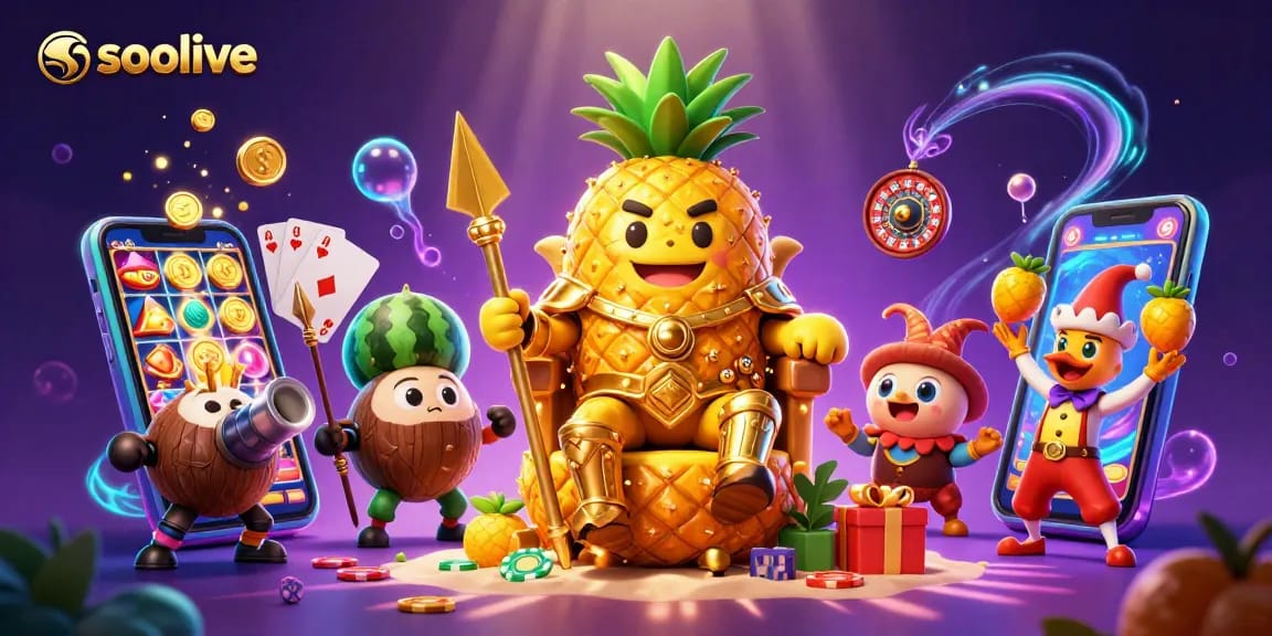 Socolive delivers immersive online gambling entertainment with a vibrant cartoon scene featuring a pineapple king and gaming elements.