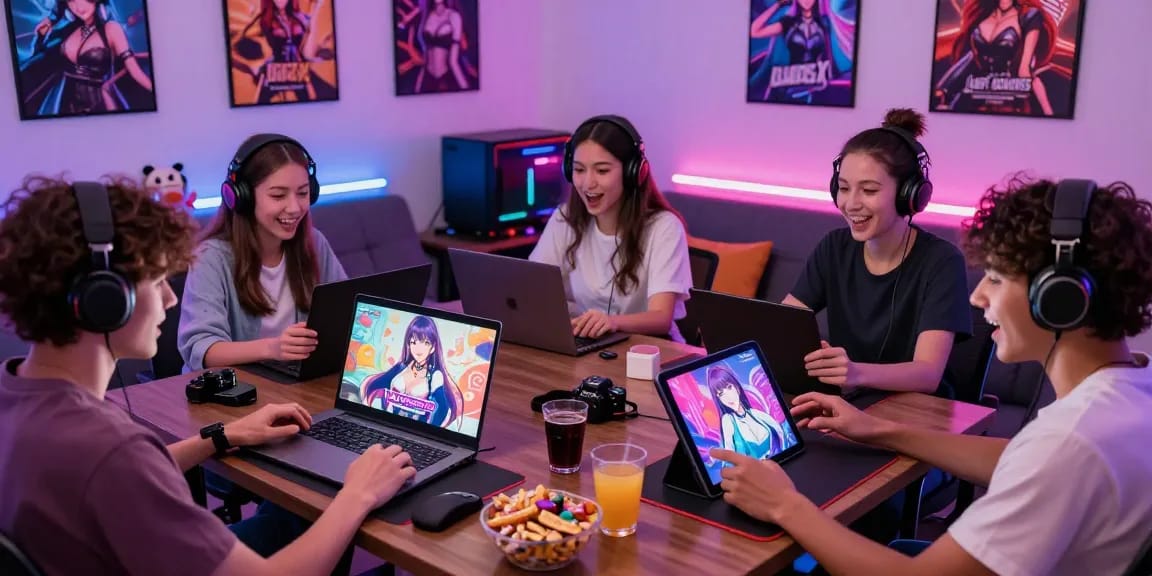 Excited gamers enjoying hentai games on different devices in a vibrant room.
