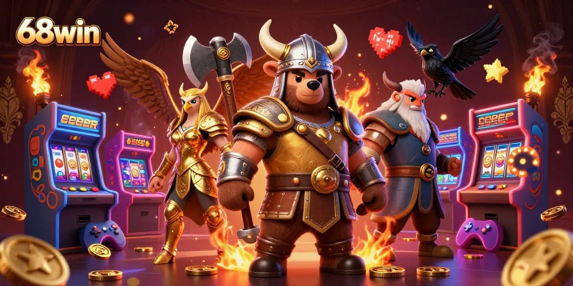 Experience thrilling games at 68win featuring Viking characters in a dynamic casino scene.