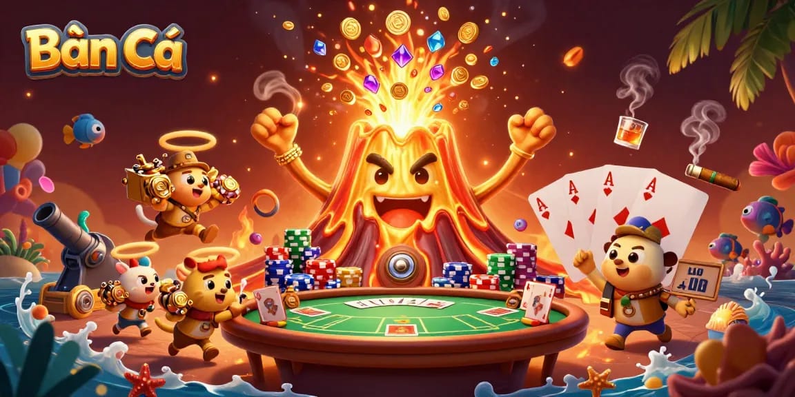 Bắn Cá game scene with a triumphant volcano, fleeing animals, and vibrant underwater elements.
