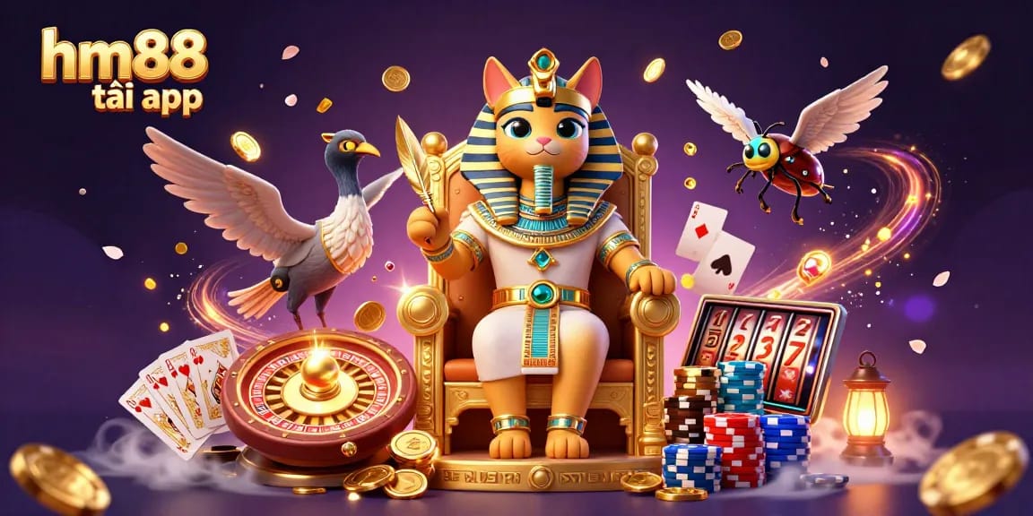 Play thrilling games at HM88 tải app with an Egyptian pharaoh cat and rich casino elements.