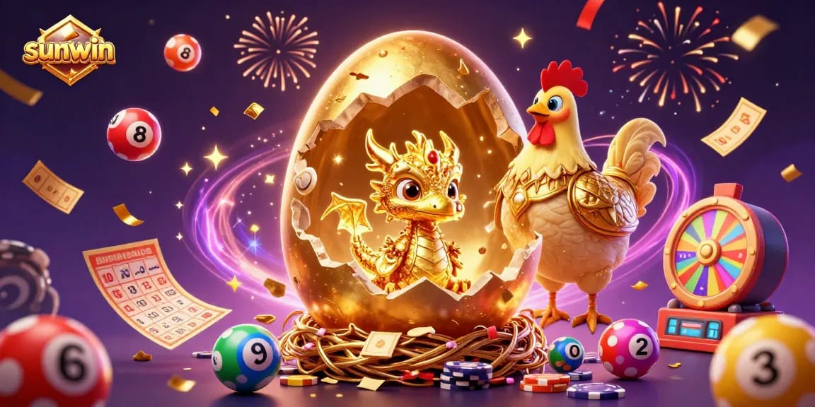 Join the excitement at sunwin while witnessing a majestic golden dragon hatching amidst a flurry of casino-themed elements.