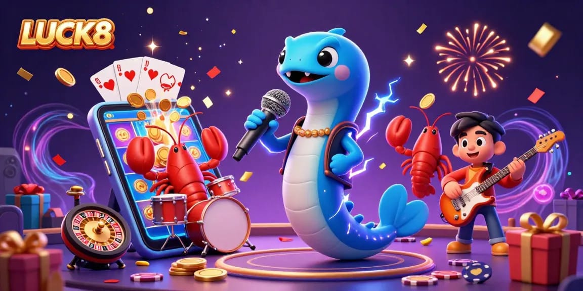 LUCK8 celebrates vibrant casino action with electric eel DJ, lobster drummer, and seahorse guitarist, amidst rich gaming elements.