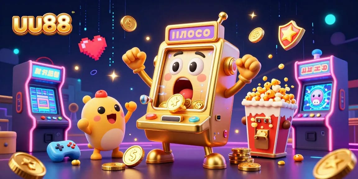 uu88 slot machine celebrating a jackpot with coins pouring out, surrounded by vibrant gaming elements.
