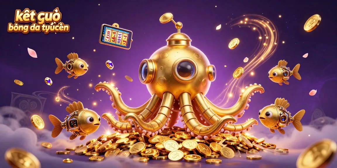 Experience kết quả bóng đá trực tuyến with an exciting underwater casino scene featuring a golden kraken and fantastic treasures.