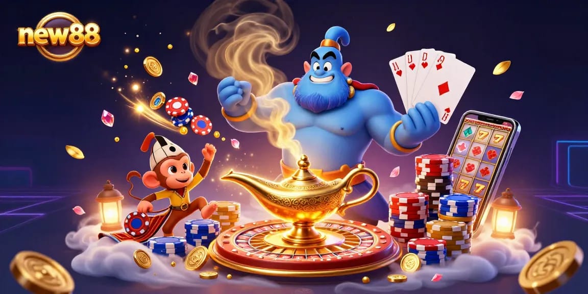 Experience the excitement of new88 with a dynamic casino scene featuring a blue genie, poker chips, and golden coins.