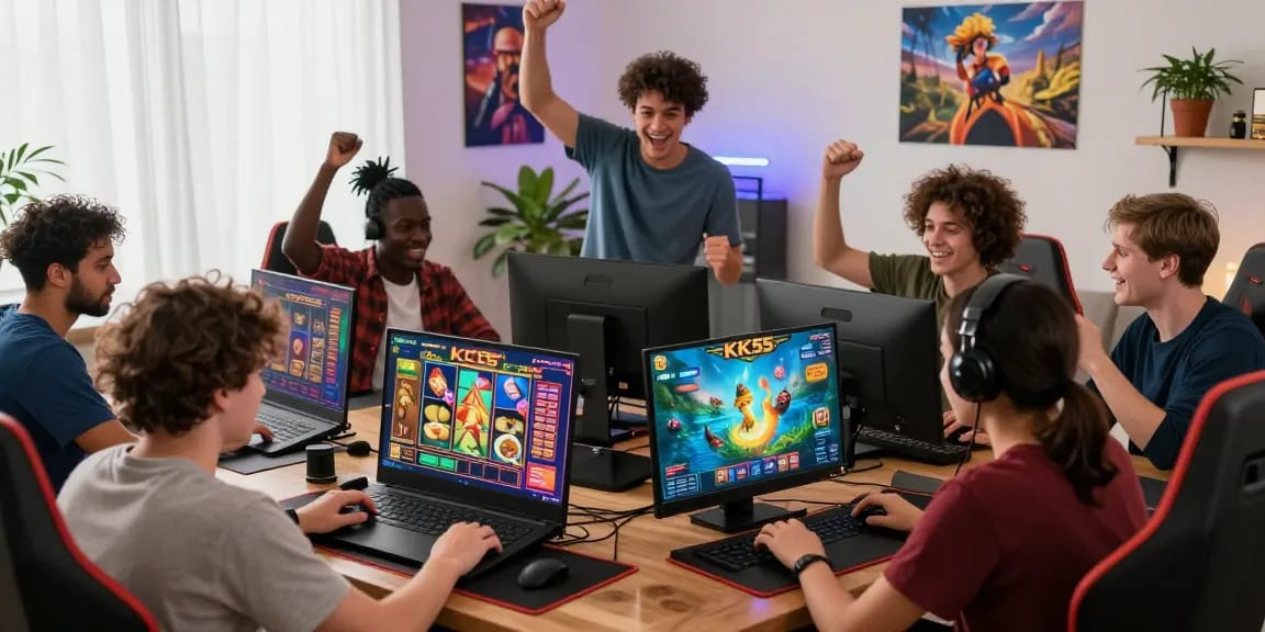 Engaged players enjoying a KK55 gaming session in a vibrant online environment with colorful interfaces showcasing popular games.