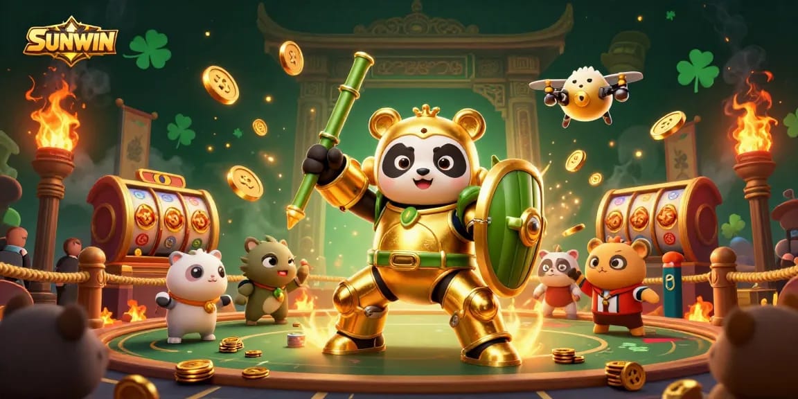 SUNWIN showcases a vibrant casino scene with a golden panda pilot in an action-packed arena, surrounded by cheering animals.