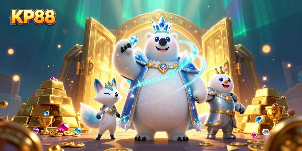 Join the adventure with KP88's vibrant casino atmosphere featuring a cartoon ice king and snow fox among treasures.
