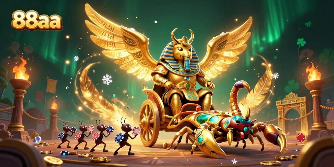 Engage with 88aa's thrilling casino adventures featuring golden scarabs, vibrant poker chips, and dazzling game elements.