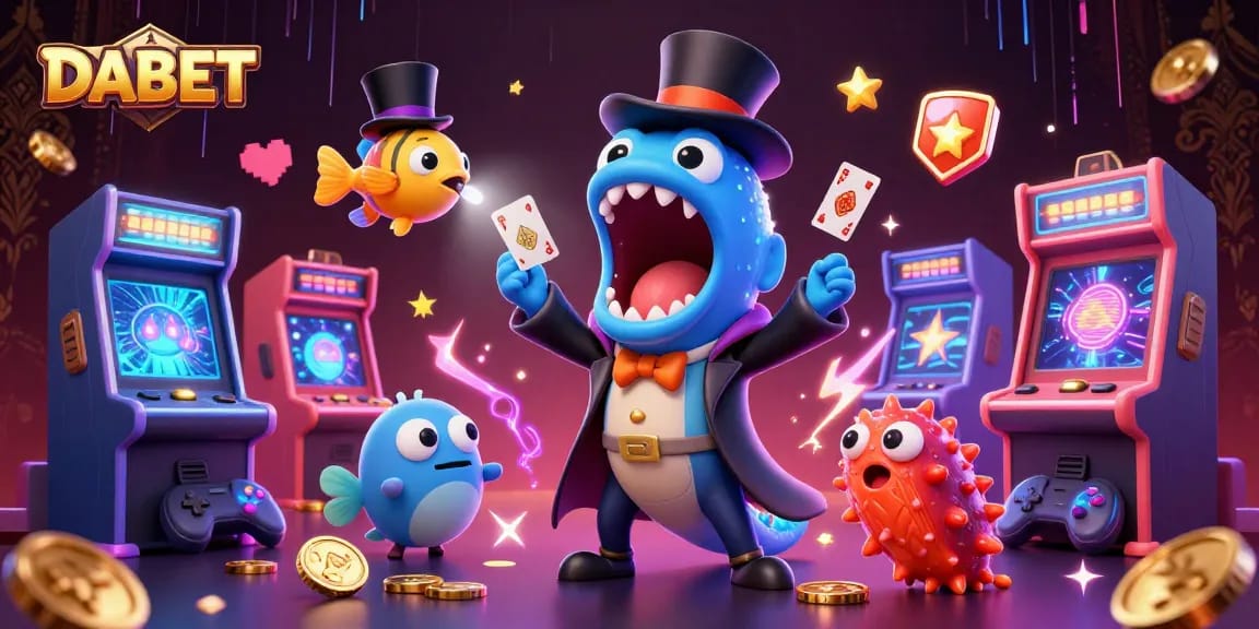 DABET features a vibrant underwater magical scene showcasing a gulper eel performing card tricks, surrounded by casino-themed games.