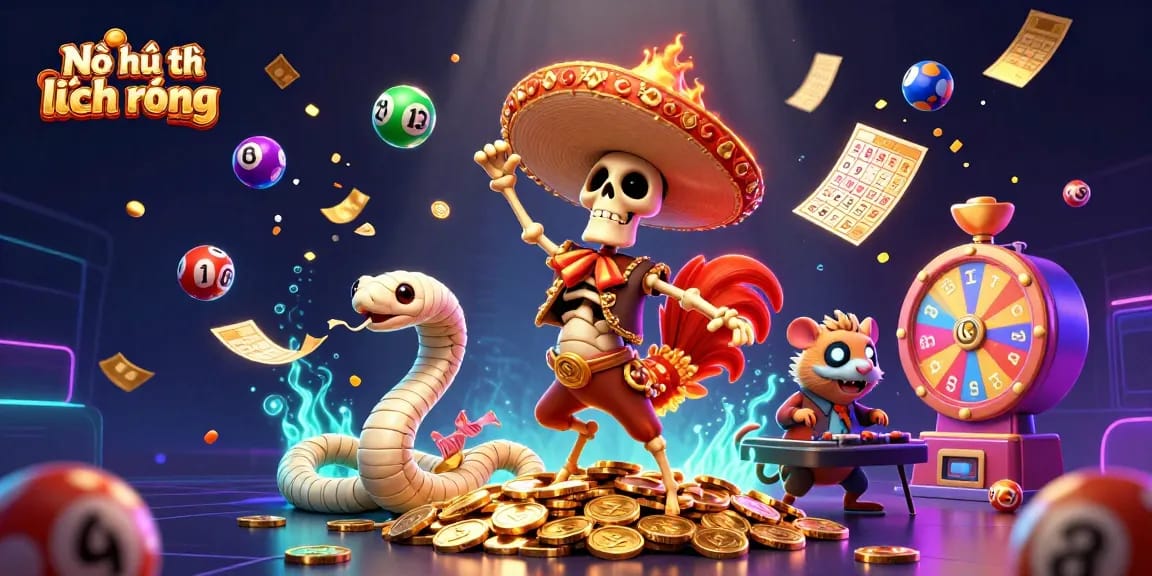 Nổ hũ thủ lĩnh rồng features a vibrant, dynamic scene with a winning mariachi rooster celebrating amid lottery elements and jackpot excitement.