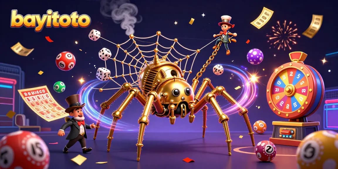 BAYITOTO thematic illustration featuring vibrant lottery elements and a steampunk character caught in playful chaos