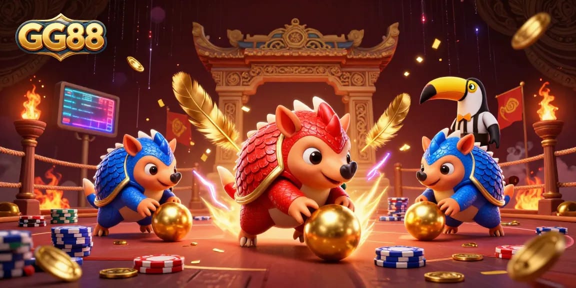 GG88 pangolins battle through poker chips in a vibrant casino scene.