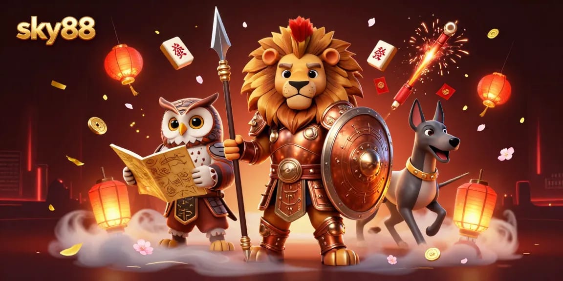 Sky88 features an epic scene with a Spartan lion, owl strategist, and greyhound messenger amidst gambling symbols.