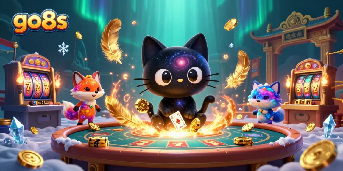 Experience the thrill of go8s casino adventures with a cosmic cat and nebula fox amidst golden chips and vibrant action.