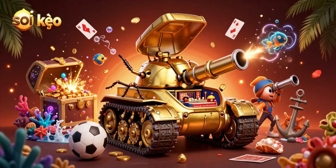 Soi kèo dynamic sports betting scene featuring a golden beetle tank casino, confetti, and vibrant treasures.