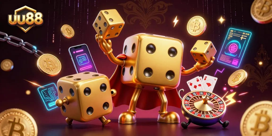 Experience thrilling gameplay at uu88 with dynamic golden dice characters and vibrant crypto elements.