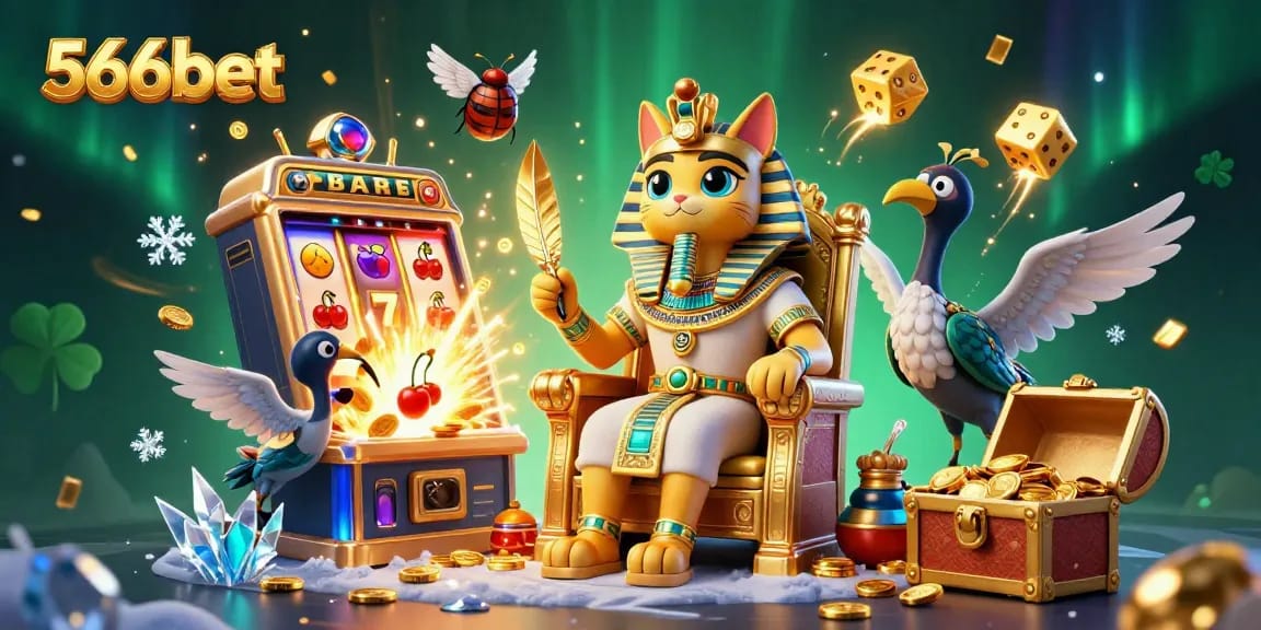 Engaging players with 566bet’s vibrant casino games, illustrated scene of Egyptian pharaoh cat.