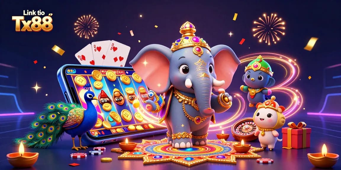 Link vào Tx88: Experience thrilling online slots and casino games with a vibrant 3D illustration