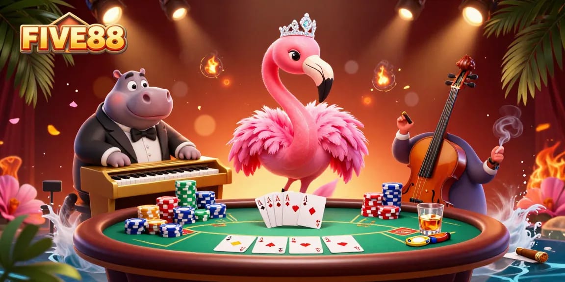 Engage with FIVE88 in an energetic casino scene featuring a flamingo singer and hippo bassist.