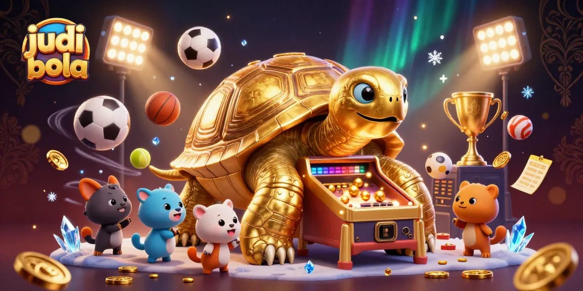 Experience judi bola with a vibrant 3D scene featuring a golden tortoise and sports balls.