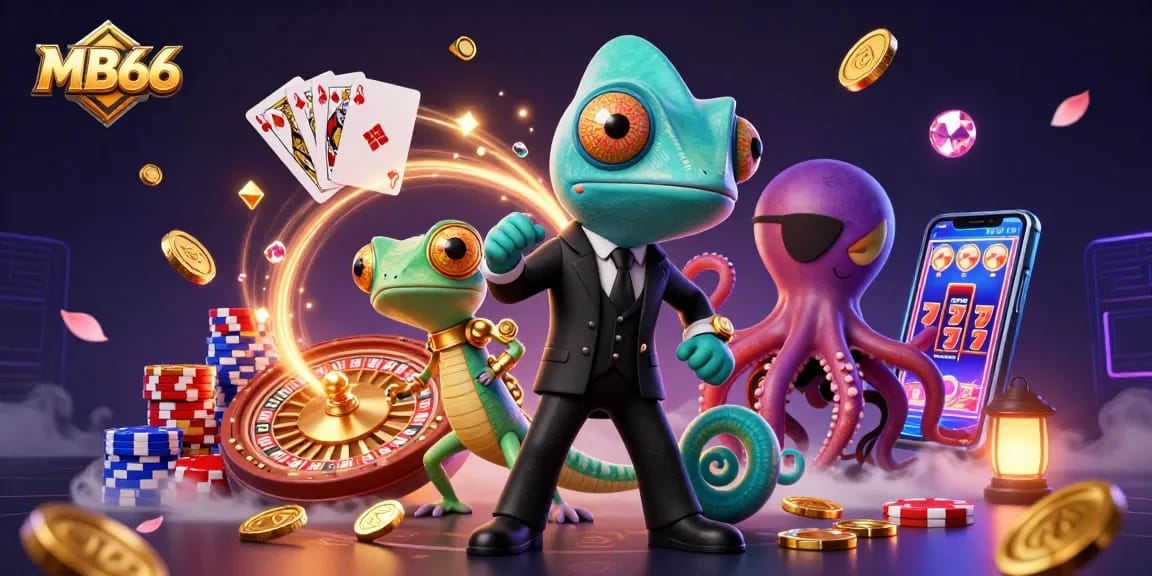 Win big with MB66 in a vibrant 3D casino scene featuring a secret agent chameleon and more!