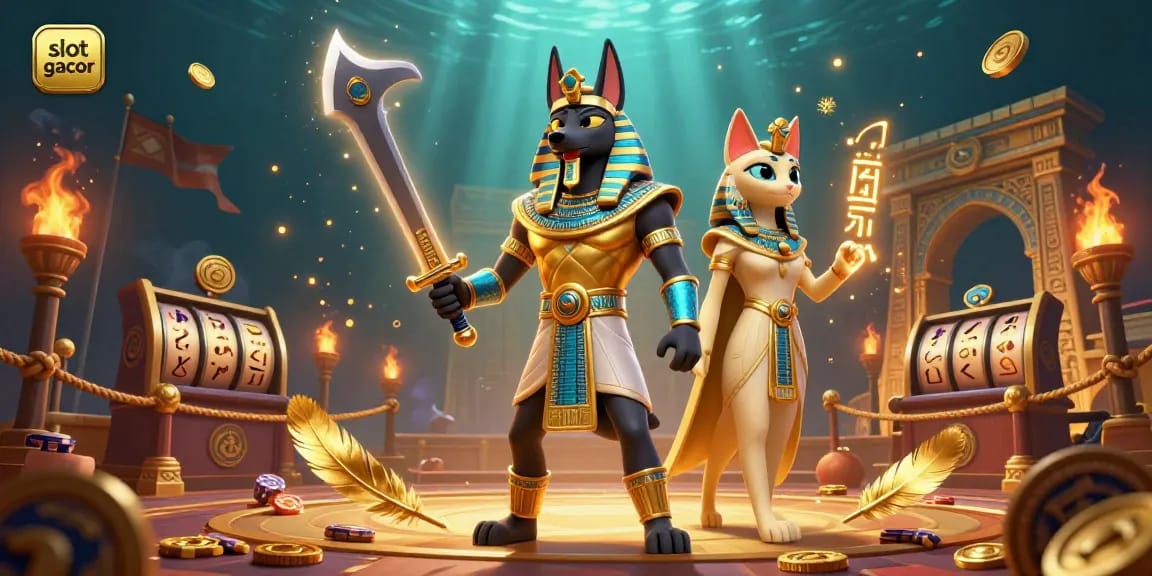 Engage with slot gacor excitement in a dynamic scene featuring Anubis and Bastet among swirling golden feathers and casino elements.