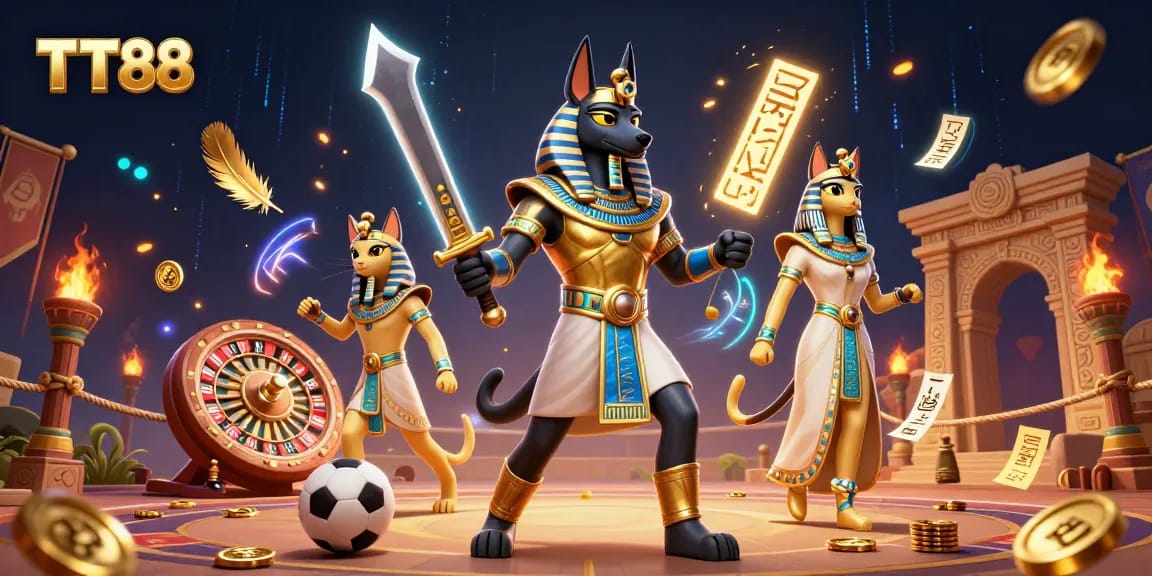 Engage in thrilling sports betting with TT88 featuring Anubis and Bastet in a dynamic scene.