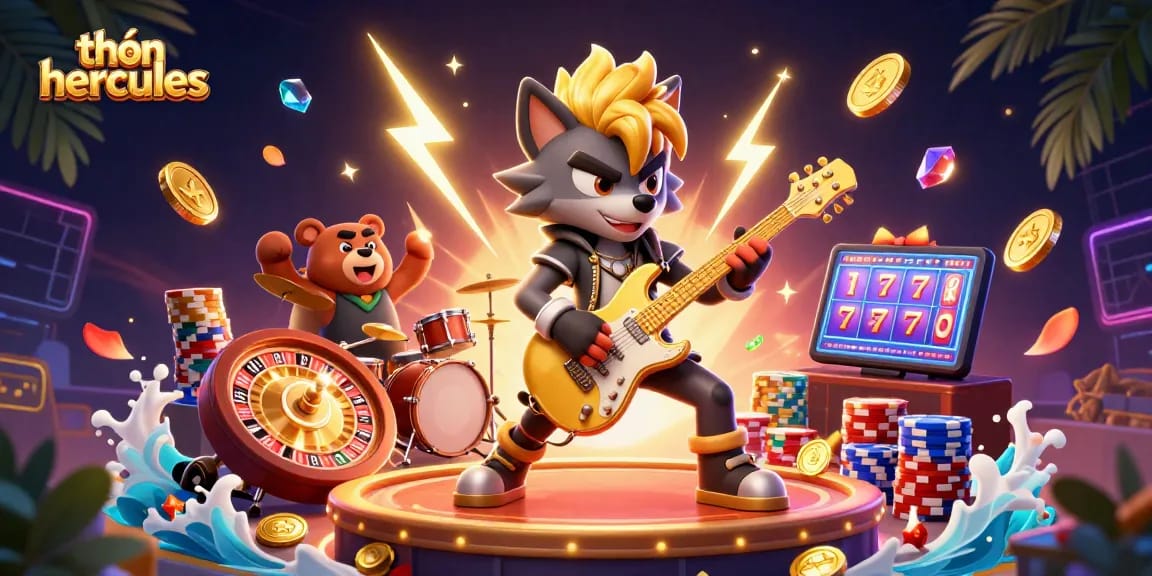 Experience the thrill of thần hercules with vibrant casino imagery, electrifying rockstar characters, and dynamic game action.