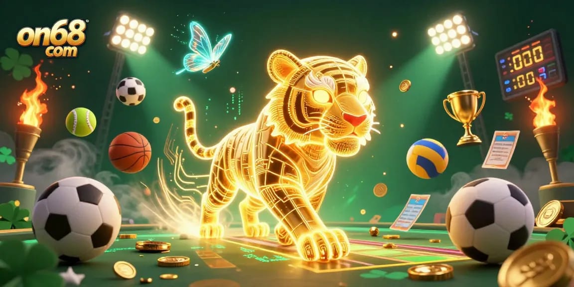 Experience thrilling gameplay at on68 com with vibrant golden tiger and dynamic sports elements.