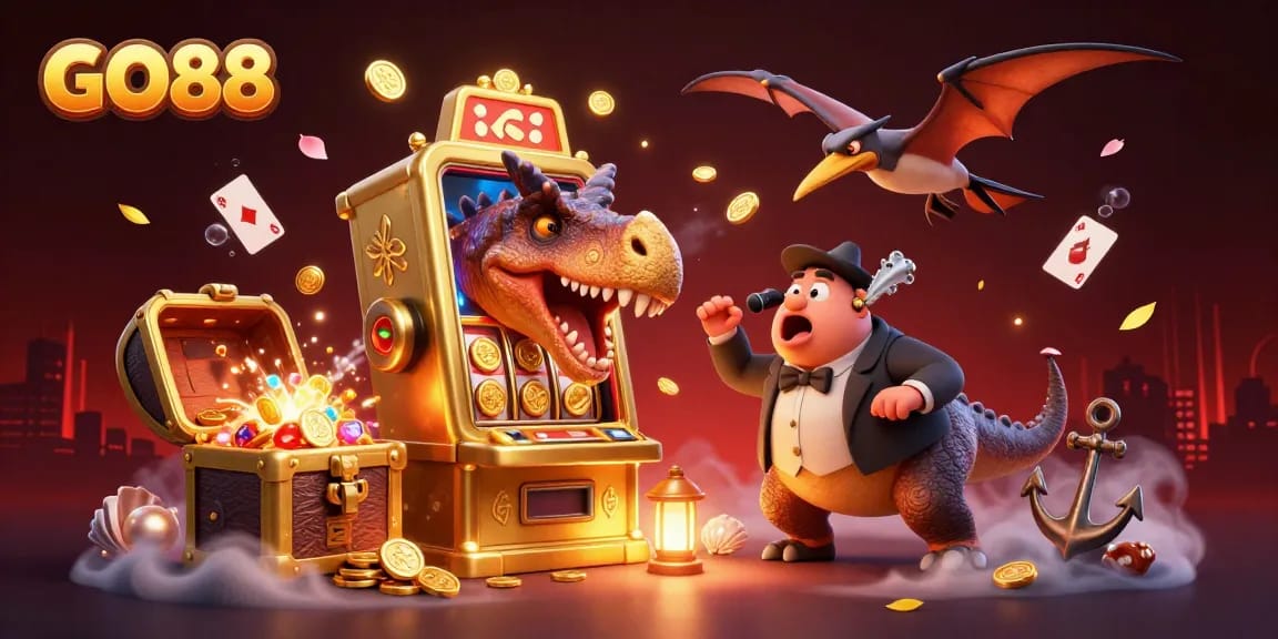 Experience GO88's thrilling jackpot action as a dinosaur battles a golden slot machine amidst a vibrant casino atmosphere.