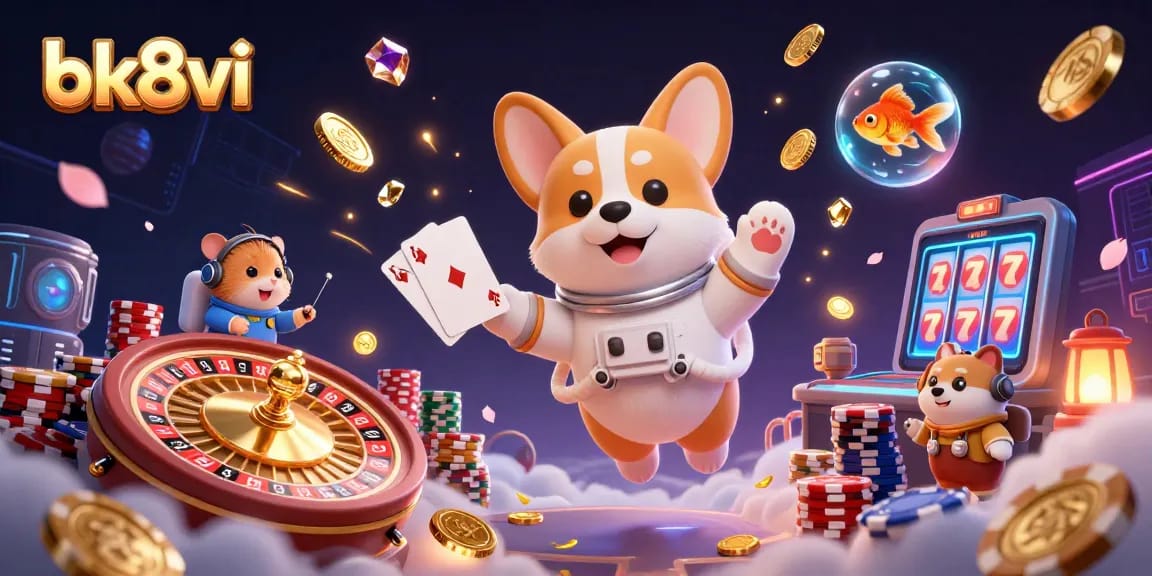 Engage with bk8vi slot gaming in an ultra-detailed 3D casino illustration featuring playful characters.