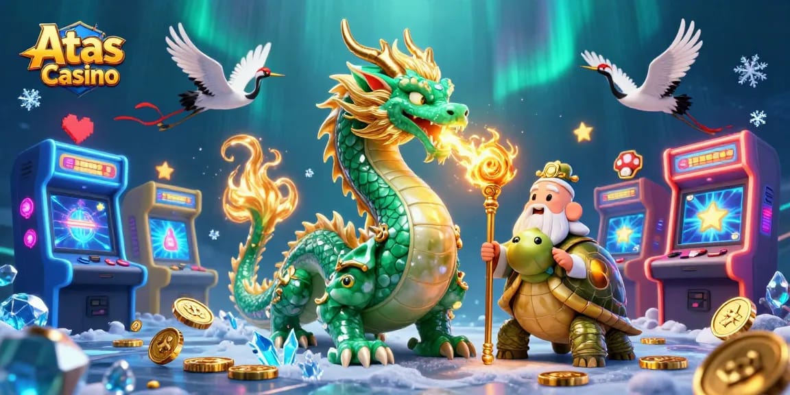 Join the thrill at Atas Casino with a dragon and sage surrounded by vibrant digital games.