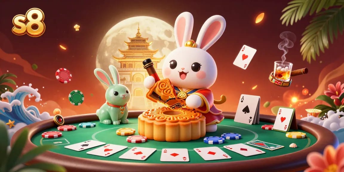 Experience the excitement of s8 with a cartoon moon rabbit gaming amidst poker chips and mooncakes.