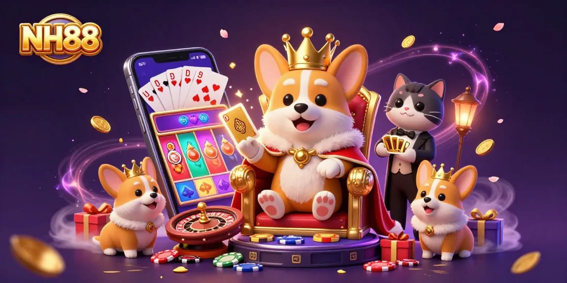Experience the thrilling NH88 casino adventure with a royal corgi on a poker chip throne.