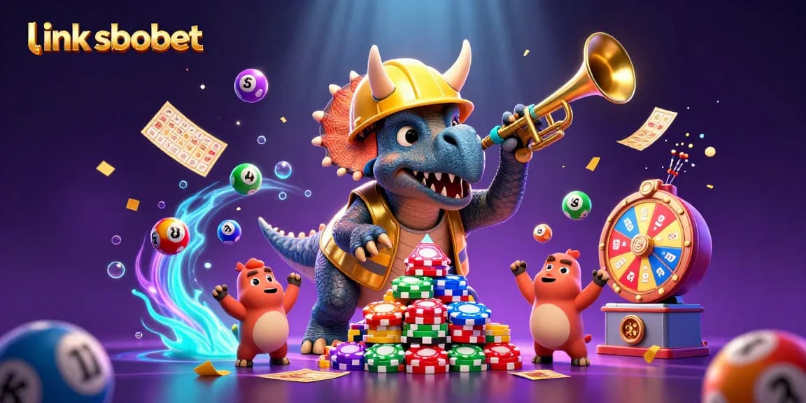 Bet on link sbobet with a lively scene showcasing a triceratops and friends celebrating gambling wins.