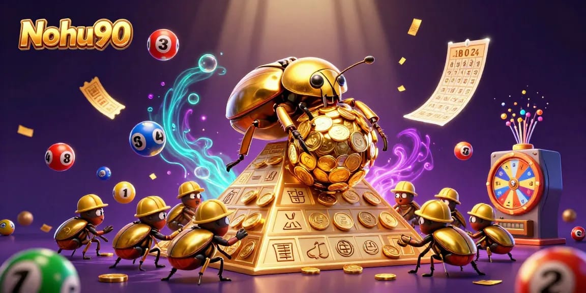 Nohu90 showcases an exciting scene featuring a golden beetle rolling coins, surrounded by colorful lottery balls and game elements, ideal for online gaming.