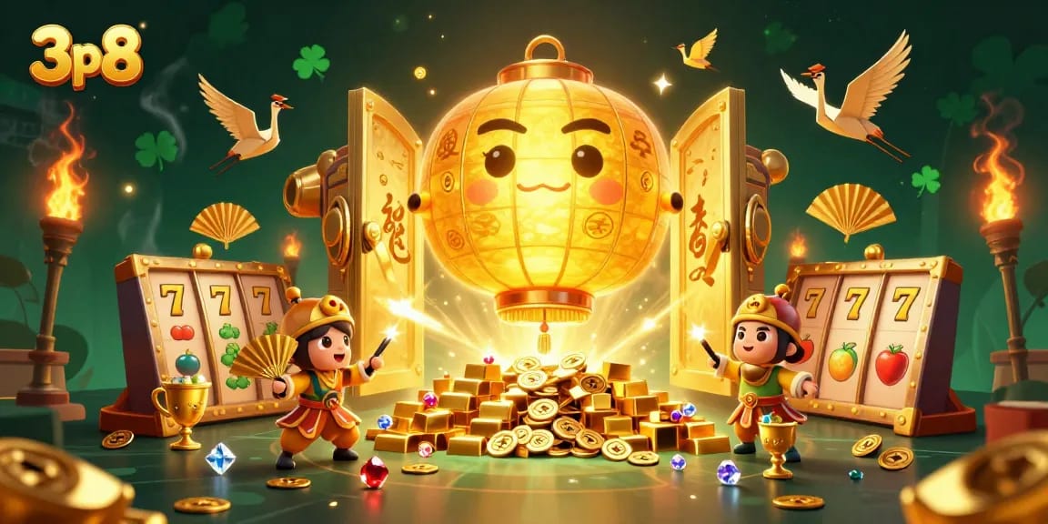 Experience thrilling wins at 3p8 with the golden lantern spirit above a vibrant night market casino.