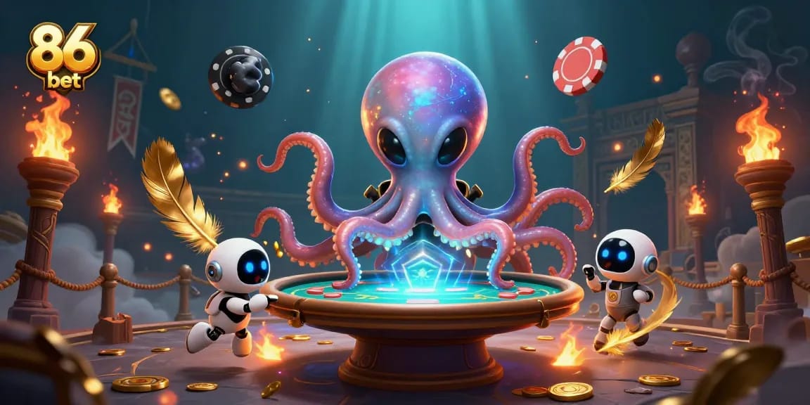 Engage with 86 bet's exciting alien-themed poker scenario featuring a playful octopus and robot.