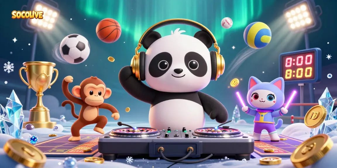 SOCOLIVE showcases a vibrant scene with a DJ panda and sports elements, celebrating online gaming excitement.