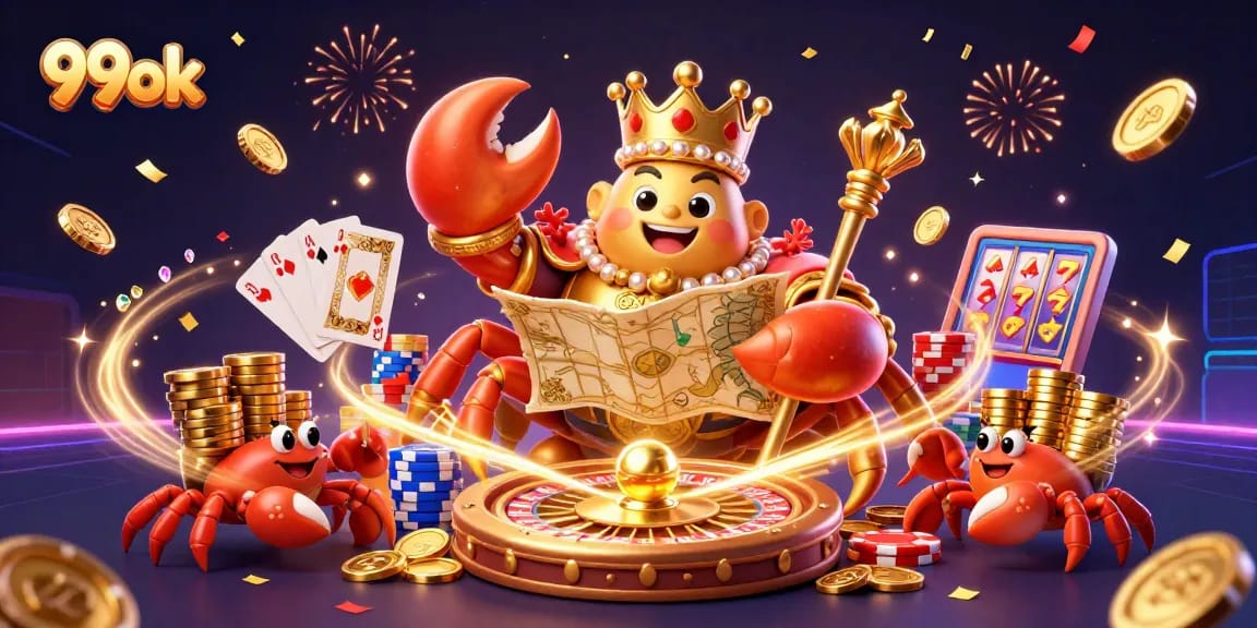 Experience the excitement of 99ok as the golden crab emperor leads a vibrant casino scene filled with treasures and gaming