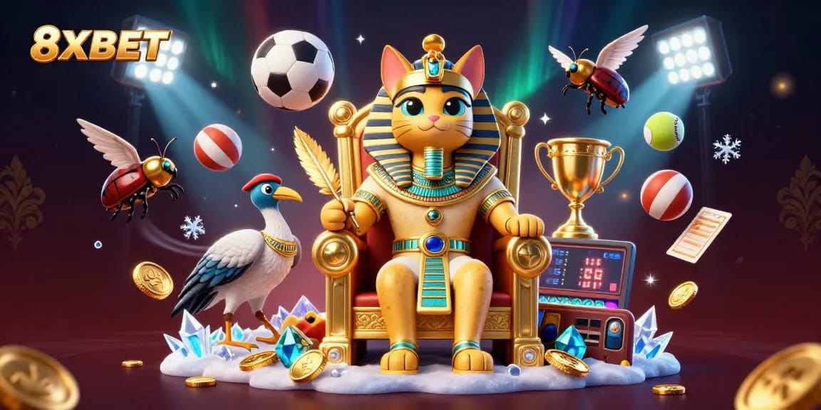 Experience the excitement of gaming with 8XBET in this vibrant, dynamic 3D illustration featuring sports and casino elements.